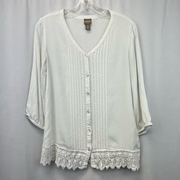 Chicos Women Button-up Blouse White 3/4 Sleeve V Neck Pin Tucks Crochet Lace S/0 - Picture 1 of 11
